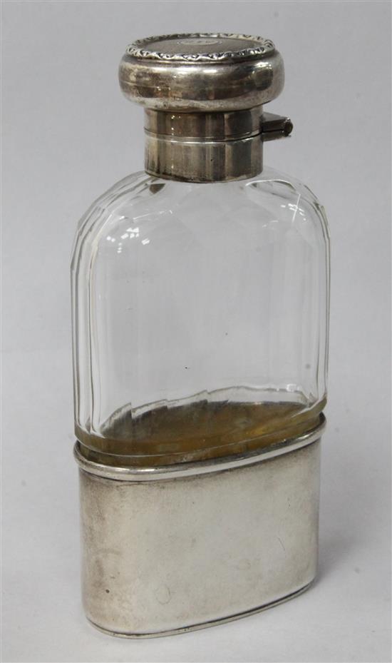 A George V silver mounted glass hip flask, by G.H. Jones, London, 1926, 13.3cm.